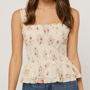 Floral White Square Neck Peplum Smocked Sleeveless Stretch Top S Cottagecore